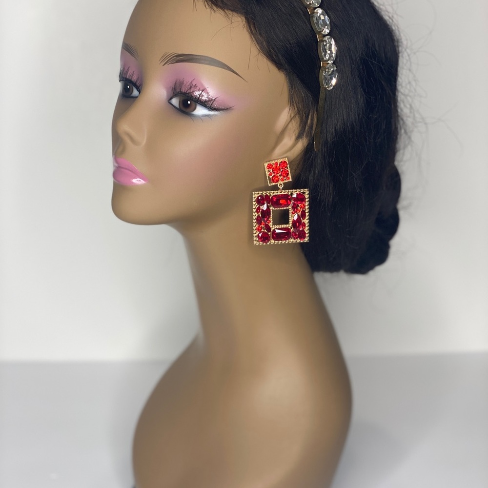 Red Alloy Diamond-Studded Glass Multi-layer Square Earrings